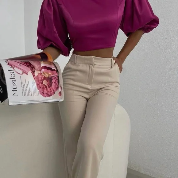 Chic Fuchsia Puff Sleeve Crop Top - Picture 2 of 2
